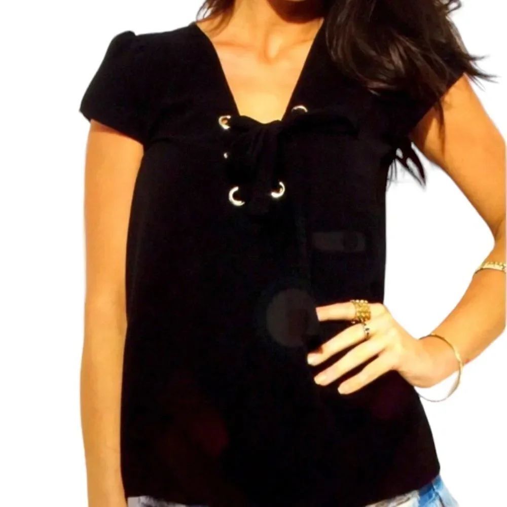 Black Lace Up Eyelet Short Sleeve Lightweight Top NEW